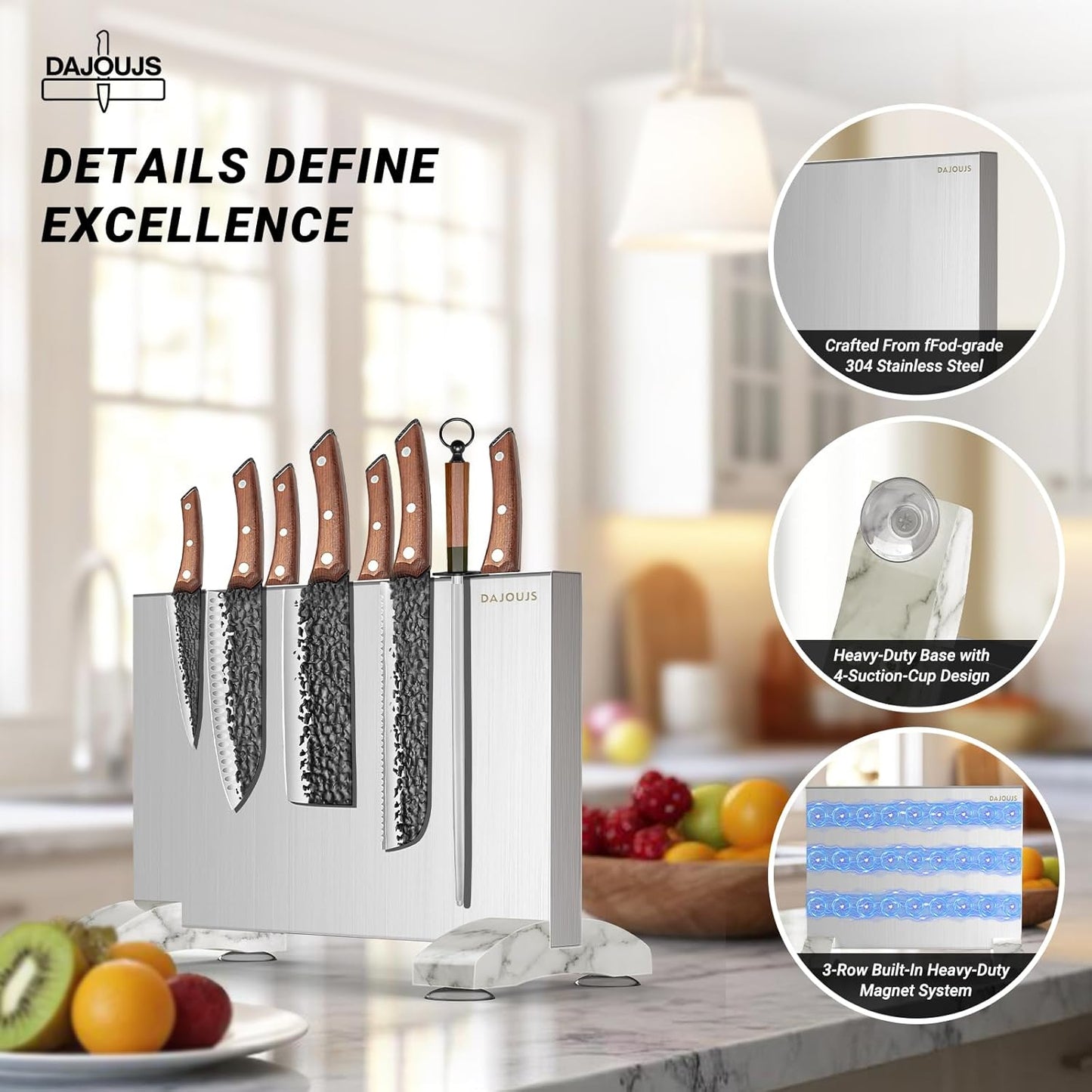 Magnetic Knife Holder, Stainless Steel Magnetic Knife Block without Knives, Strong Double Sided Magnet Knife Storage Strip with Wood Base for Kitchen Counter-Silver