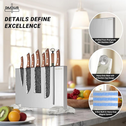 Magnetic Knife Holder, Stainless Steel Magnetic Knife Block without Knives, Strong Double Sided Magnet Knife Storage Strip with Wood Base for Kitchen Counter-Silver