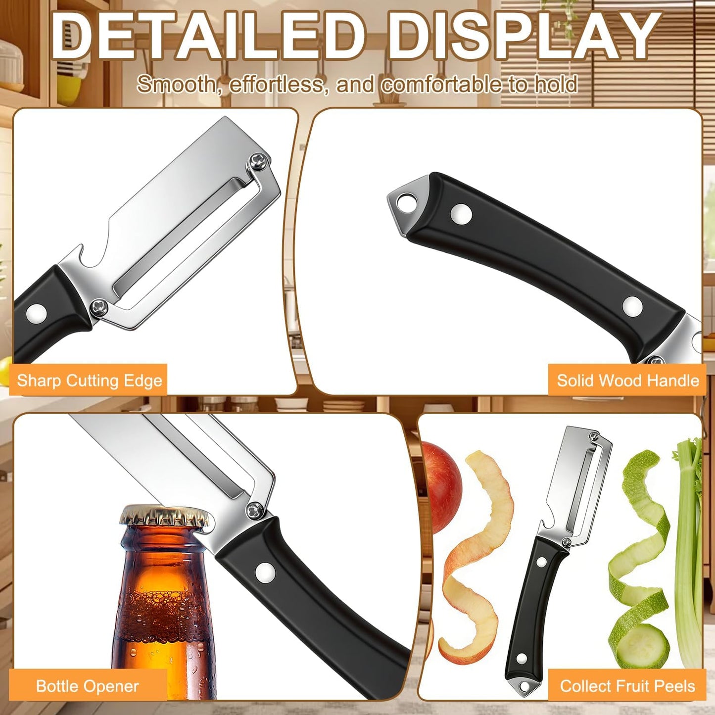 2PCS Premium Vegetable Peeler with Wooden Handle and Bottle Opener, Multifunctional Vegetable Peeler, 2-In-1 Stainless Steel Blade Peeler Knife for Potato Fruit Pineapple Pumpkin Papaya Carrot (A)