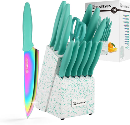 Knife Set, 15 Pieces Knives Sets for Kitchen with Block, Dishwasher Safe Kitchen Knife Set with Built in Sharpener Block, German High Carbon Stainless Steel Knife Block Set with Pink Nonstick Coating