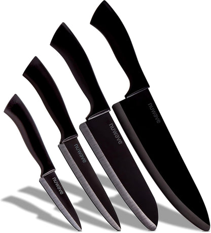 Nuwave 4-Piece Black Ceramic Knife Set - Includes 3' Paring, 5' Utility, 6.5' Everyday & 8' Chef's Knife, Ideal Super Sharp Kitchen Knives, Rust-Proof, Ergonomic Handles
