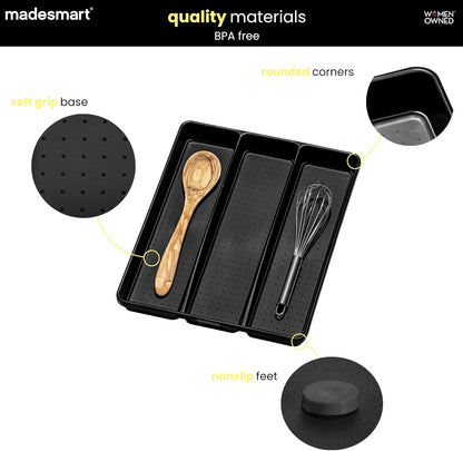 madesmart 3 Compartment Utensil Tray, Multi Purpose Storage Organizer, Non Slip Lining,Deep Storage for Ladles, Whisks & Serving Tools, for Drawers & Home Organization, White