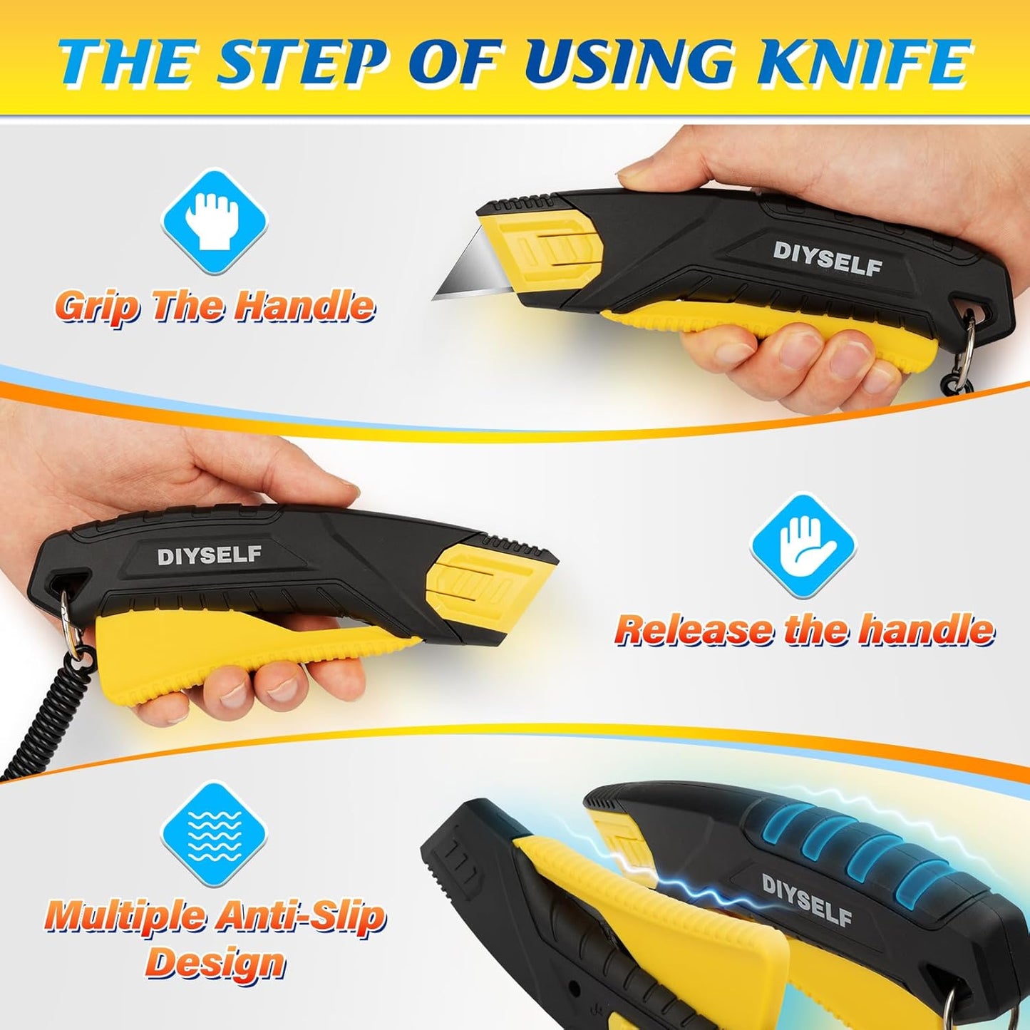 DIYSELF Safety Box Cutter Retractable with Holster, Self Retracting Utility Knife with 10 SK5 Blades, Box Opener Razor Knife, Non-Slip Grip Work Knife for Warehouse Retail Home, Navajas Para Trabajo