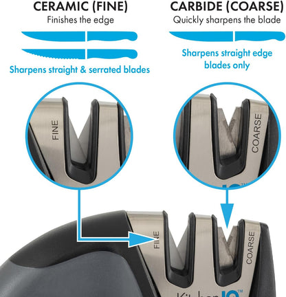 KitchenIQ 50009 Edge Grip 2-Stage Knife Sharpener, Black, Coarse & Fine Sharpeners, Compact for Easy Storage, Stable Non-Slip Base, Soft Grip Rubber Handle, Straight & Serrated Knives
