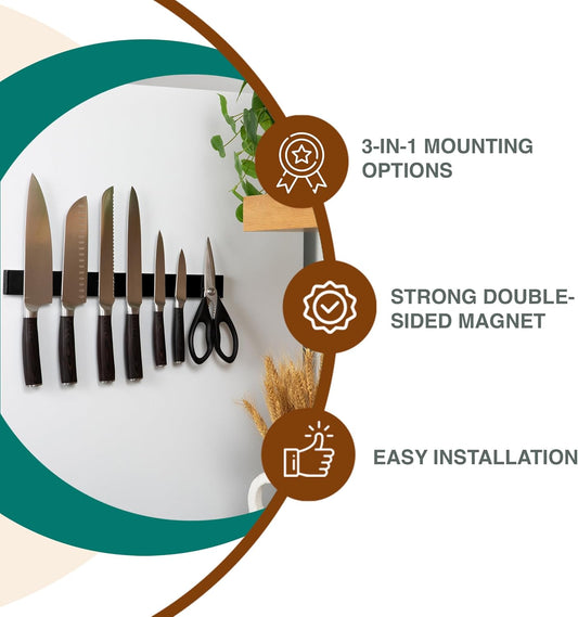 Magnetic Knife Holder 16 Inch Silver – Classic Stainless Steel Strip, Rack & Bar for Wall or Fridge, No Drill Adhesive Kitchen Organizer, Premium Gift by Pampavanna