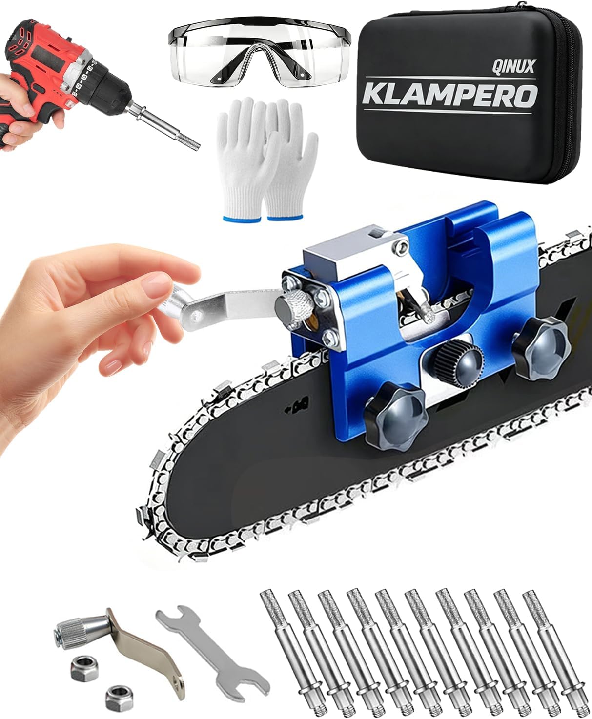 Chainsaw Sharpener, Portable Hand Crank Chain Saw Sharpening Tool with Adjustable Guide, Universal Fit for Most Chain Sizes, Manual Chainsaw Chain Sharpener for Outdoor & Field Use (Blue-Small)