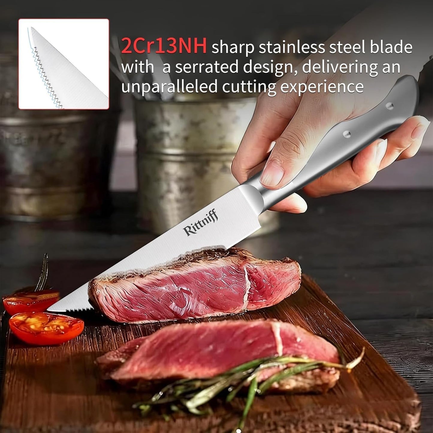 Steak Knives Set of 4, 5-Inch Serrated Stainless Steel Steak Knife Set with Wide Stainless Handle, Gift-Ready Box for Steak Night, BBQ, Housewarming & Wedding