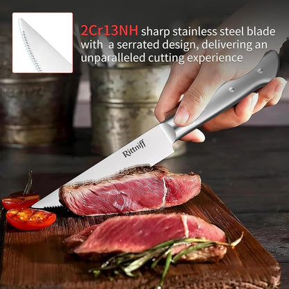 Steak Knives Set of 4, 5-Inch Serrated Stainless Steel Steak Knife Set with Wide Stainless Handle, Gift-Ready Box for Steak Night, BBQ, Housewarming & Wedding
