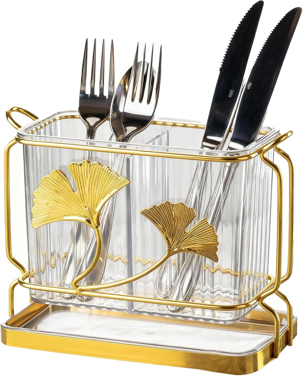 2-Compartment Transparent Silverware Organizer, Drip Tray, Suspended Utensil Caddy for Forks, Spoons, Knives, Elegant Cutlery Holder for Kitchen Countertop, Party Use