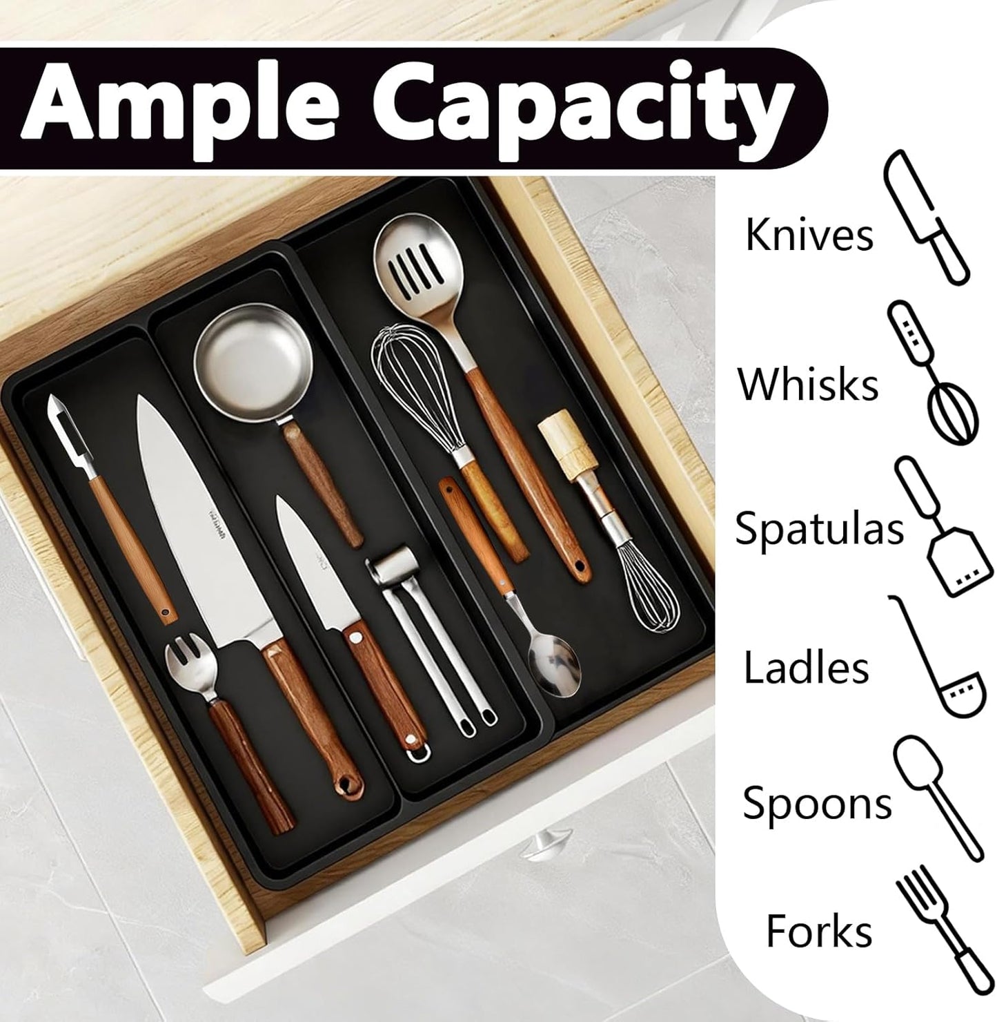 Kitchen Utensil Drawer Organizer, Expandable Cooking Silverware Tray, Adjustable Cutlery Flatware Holder for Spoon Fork Knife, 3 Compartments Black Plastic Spatula Tools Gadgets Storage Divider