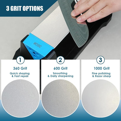 Diamond Sharpening Stone Kit, 3 Side Grit 400/1000/8000 Knife Sharpener for Sharp Blade, Premium Diamond & Ceramic Whetstone with Angle Guide, Non-Slip Base & Leather Strop