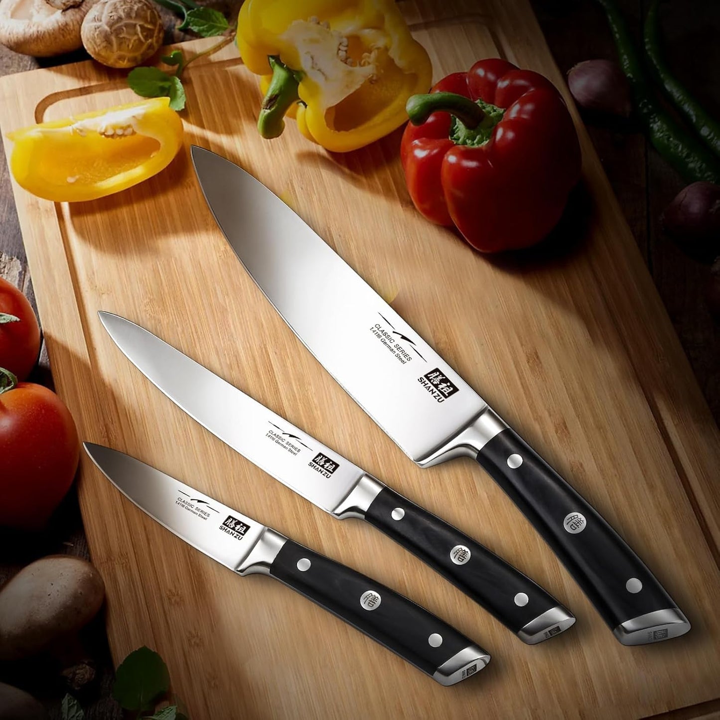 SHAN ZU 3Pcs BBQ Carving Knife Set with Sheath – for Turkey, Meat, BBQ, Brisket, Razor Sharp Slicing Knife, Professional 5Cr15MoV Stainless Steel, Ergonomic Full Tang Wood Handle, Gift Box Included