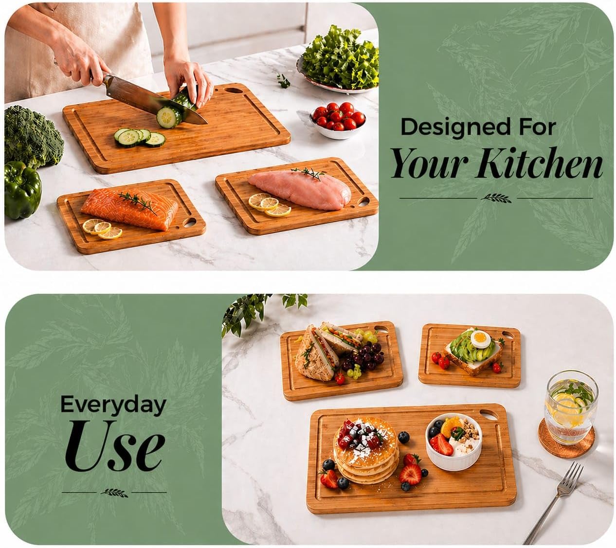 Greva 3 Piece Bamboo Cutting Board Set with Juice Grooves, Non-Slip Feet Built-in Handles, Deep Carbonized Wood for Meat Fruit and Cheese Includes 3-in-1 Wooden Cutlery Set