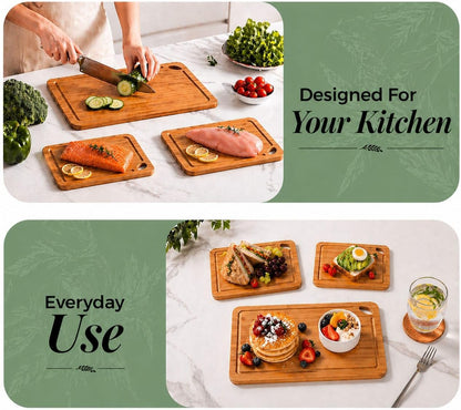 Greva 3 Piece Bamboo Cutting Board Set with Juice Grooves, Non-Slip Feet Built-in Handles, Deep Carbonized Wood for Meat Fruit and Cheese Includes 3-in-1 Wooden Cutlery Set
