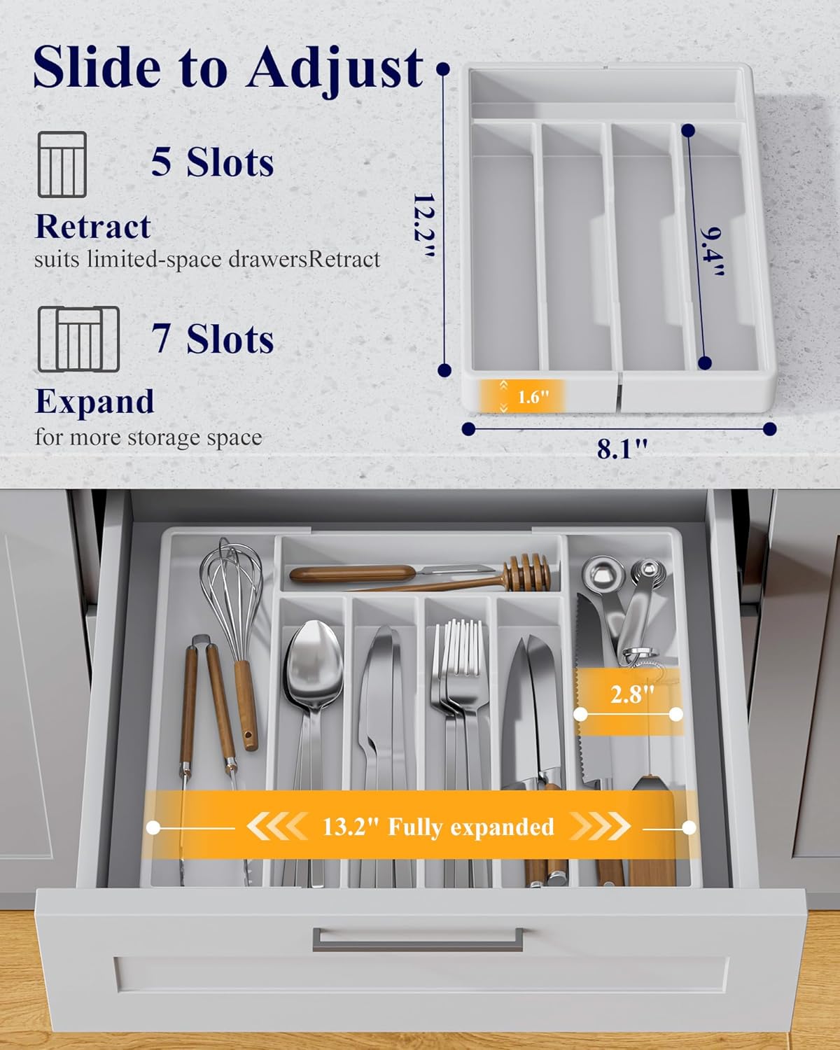 Kitsure Silverware Organizer for Drawers - Expandable Cutlery and Utensil Drawer Organizer with Easy Maintenance, Premium PP Kitchen Organizers and Storage for Flatware, Black, 13.2" x 12.2" x 1.6"