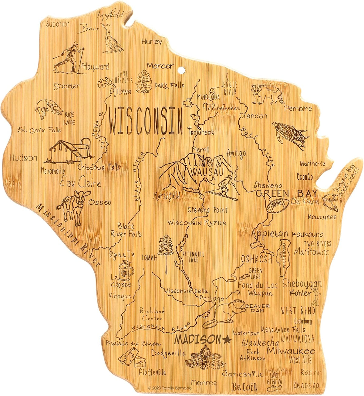 Destination Wisconsin State Shaped Serving and Cutting Board, Includes Hang Tie for Wall Display | State charcuterie serving board with engraved map artwork. Smooth reverse side for food prep. Hang tie for wall display.