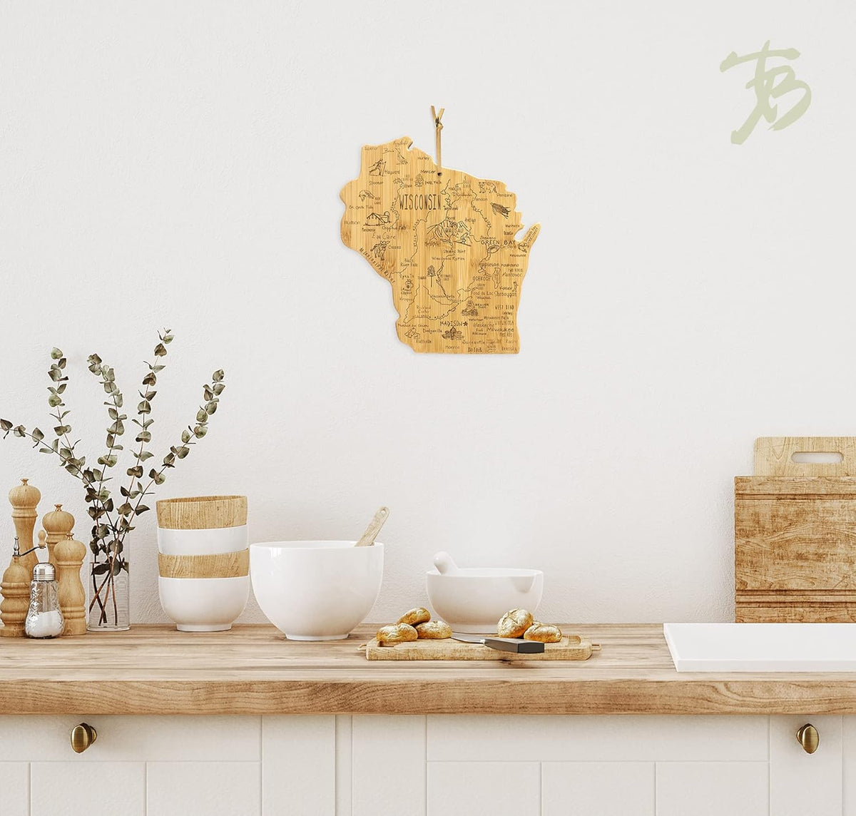 Destination Wisconsin State Shaped Serving and Cutting Board, Includes Hang Tie for Wall Display | State charcuterie serving board with engraved map artwork. Smooth reverse side for food prep. Hang tie for wall display.