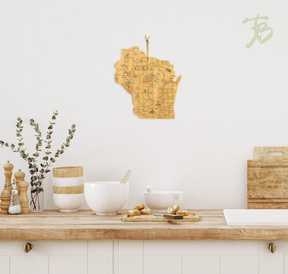 Destination Wisconsin State Shaped Serving and Cutting Board, Includes Hang Tie for Wall Display | State charcuterie serving board with engraved map artwork. Smooth reverse side for food prep. Hang tie for wall display.