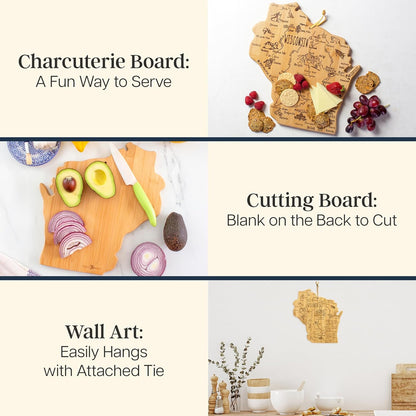 Destination Wisconsin State Shaped Serving and Cutting Board, Includes Hang Tie for Wall Display | State charcuterie serving board with engraved map artwork. Smooth reverse side for food prep. Hang tie for wall display.