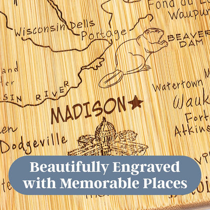 Destination Wisconsin State Shaped Serving and Cutting Board, Includes Hang Tie for Wall Display | State charcuterie serving board with engraved map artwork. Smooth reverse side for food prep. Hang tie for wall display.