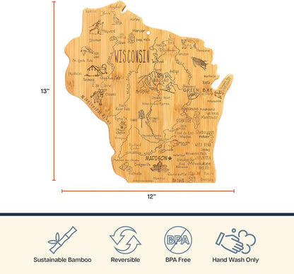 Destination Wisconsin State Shaped Serving and Cutting Board, Includes Hang Tie for Wall Display | State charcuterie serving board with engraved map artwork. Smooth reverse side for food prep. Hang tie for wall display.