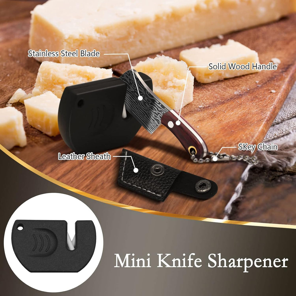 Mini Knife Set, Damascus Pocket Knife with Sharpener, Mini Chef EDC Knives, Tiny knife Cleaver Keychain Tiny Things for Package Opener, Box Cutter, Letter Opener - Set of 5