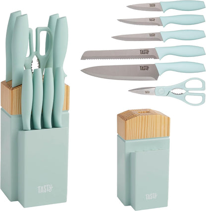 Kitchen Knife Set with Block, Cutlery Set includes Chef, Bread, Utility, Paring, Steak Knives & Shears, 10-Piece, Aqua