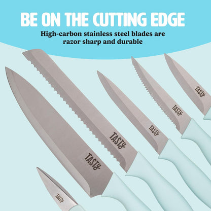Kitchen Knife Set with Block, Cutlery Set includes Chef, Bread, Utility, Paring, Steak Knives & Shears, 10-Piece, Aqua