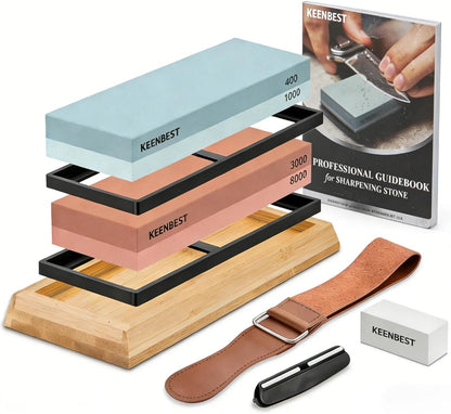 KEENBEST Actual Grit Premium Material Whetstone Set 2 Side Grit 400 1000 3000 8000 Sharpening Stone Professional Kitchen Knife Sharpener Stone Kit Wet Stones Bamboo Base Angle Guide Red
