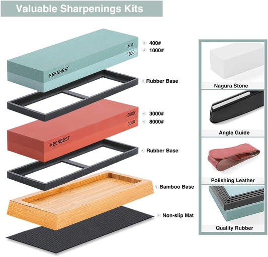 KEENBEST Actual Grit Premium Material Whetstone Set 2 Side Grit 400 1000 3000 8000 Sharpening Stone Professional Kitchen Knife Sharpener Stone Kit Wet Stones Bamboo Base Angle Guide Red