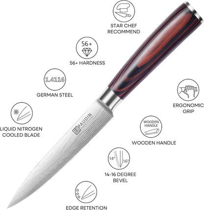 Utility Knife, 5 Inch Chef Knife, Ultra Sharp High Carbon Stainless Steel, Multipurpose Paring Knife for Fruit and Vegetable Cutting with Wooden Handle, Premium Gift Box