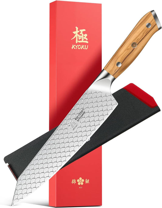 8.5 in. Kiritsuke Knife, Koi Series Japanese Kiritsuke Chef Knife with Olive Wood Handle Koi Scale Pattern, High Carbon Stainless Steel Full Tang, with Protective Sheath & Gift Box