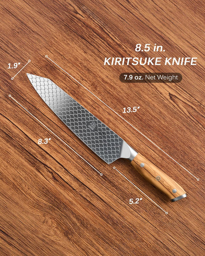8.5 in. Kiritsuke Knife, Koi Series Japanese Kiritsuke Chef Knife with Olive Wood Handle Koi Scale Pattern, High Carbon Stainless Steel Full Tang, with Protective Sheath & Gift Box