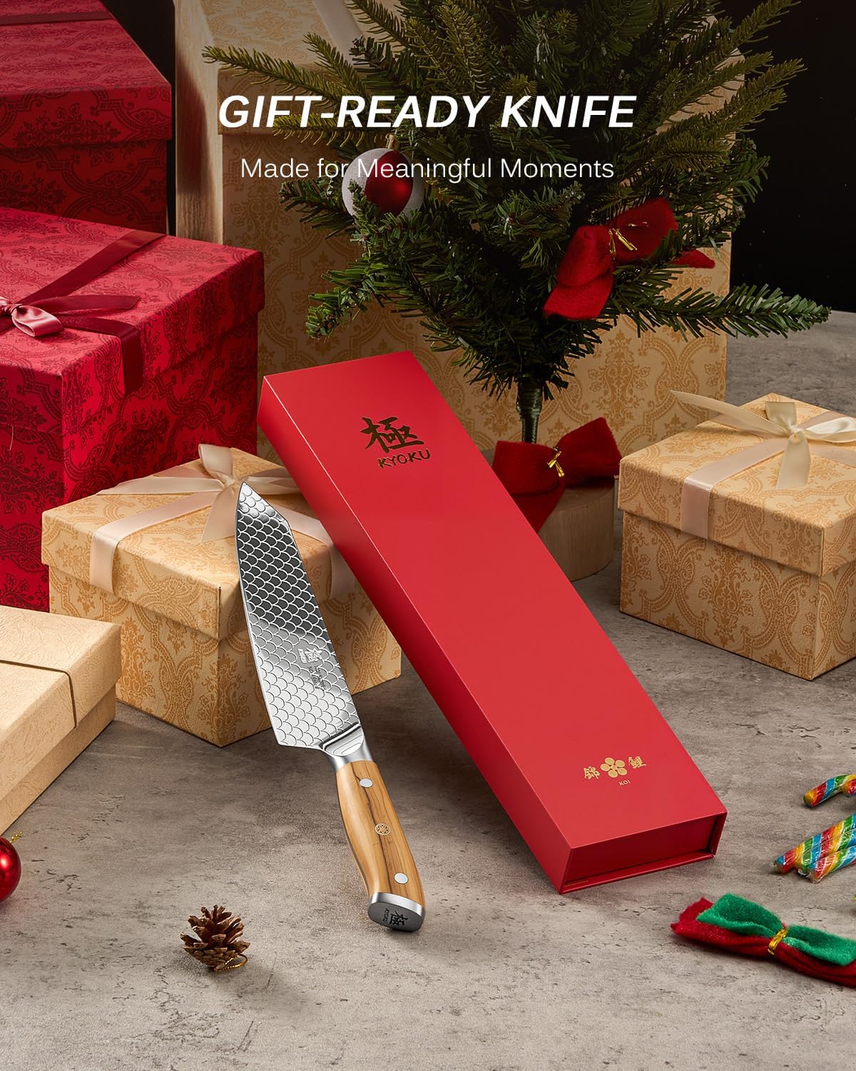 8.5 in. Kiritsuke Knife, Koi Series Japanese Kiritsuke Chef Knife with Olive Wood Handle Koi Scale Pattern, High Carbon Stainless Steel Full Tang, with Protective Sheath & Gift Box