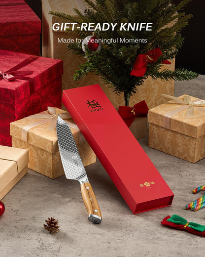 8.5 in. Kiritsuke Knife, Koi Series Japanese Kiritsuke Chef Knife with Olive Wood Handle Koi Scale Pattern, High Carbon Stainless Steel Full Tang, with Protective Sheath & Gift Box