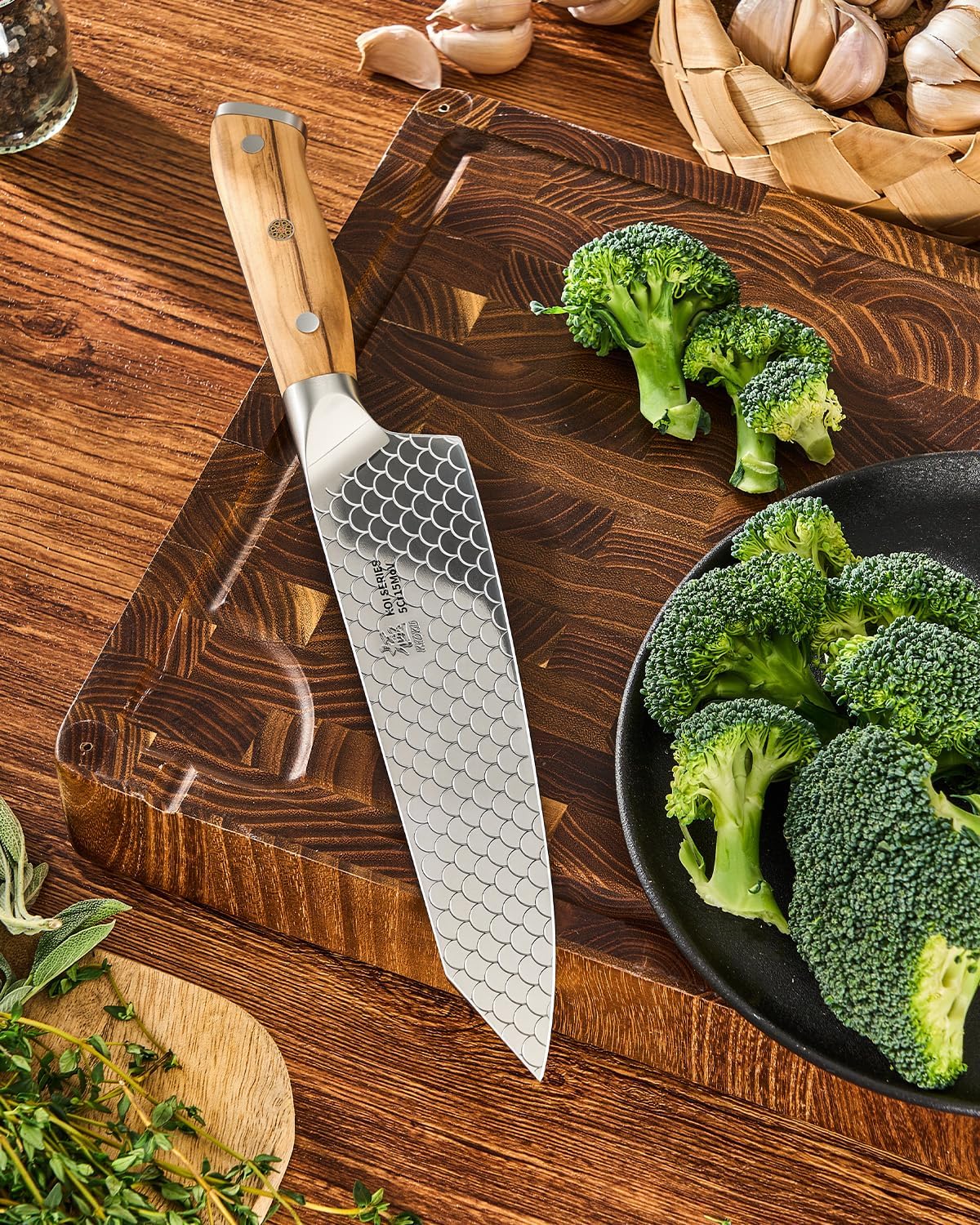 8.5 in. Kiritsuke Knife, Koi Series Japanese Kiritsuke Chef Knife with Olive Wood Handle Koi Scale Pattern, High Carbon Stainless Steel Full Tang, with Protective Sheath & Gift Box