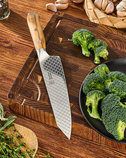 8.5 in. Kiritsuke Knife, Koi Series Japanese Kiritsuke Chef Knife with Olive Wood Handle Koi Scale Pattern, High Carbon Stainless Steel Full Tang, with Protective Sheath & Gift Box