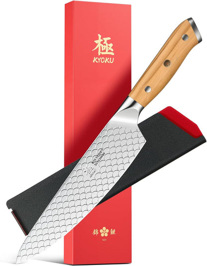 8.5 in. Kiritsuke Knife, Koi Series Japanese Kiritsuke Chef Knife with Olive Wood Handle Koi Scale Pattern, High Carbon Stainless Steel Full Tang, with Protective Sheath & Gift Box
