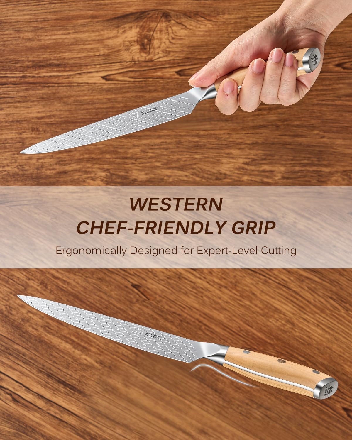 8.5 in. Kiritsuke Knife, Koi Series Japanese Kiritsuke Chef Knife with Olive Wood Handle Koi Scale Pattern, High Carbon Stainless Steel Full Tang, with Protective Sheath & Gift Box