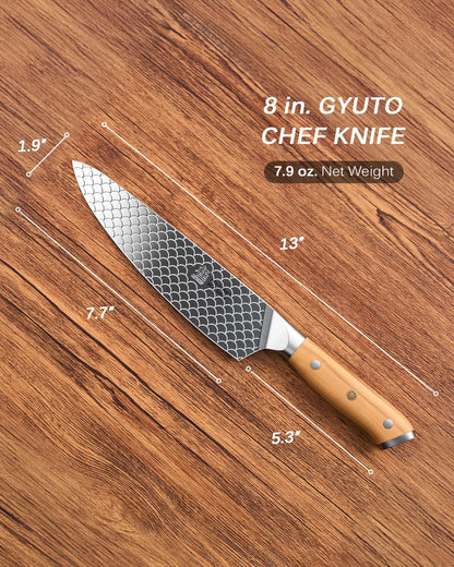 8.5 in. Kiritsuke Knife, Koi Series Japanese Kiritsuke Chef Knife with Olive Wood Handle Koi Scale Pattern, High Carbon Stainless Steel Full Tang, with Protective Sheath & Gift Box