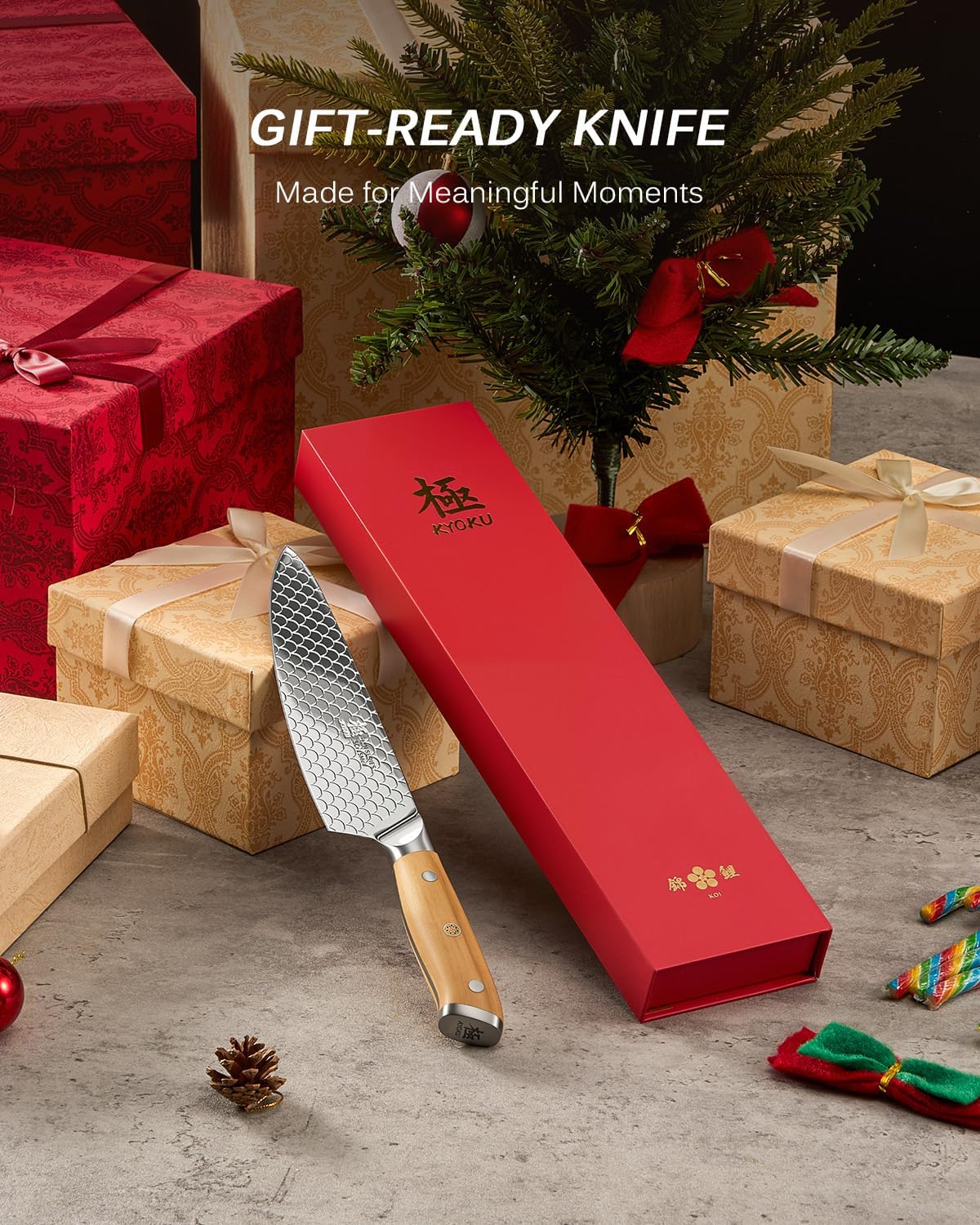 8.5 in. Kiritsuke Knife, Koi Series Japanese Kiritsuke Chef Knife with Olive Wood Handle Koi Scale Pattern, High Carbon Stainless Steel Full Tang, with Protective Sheath & Gift Box