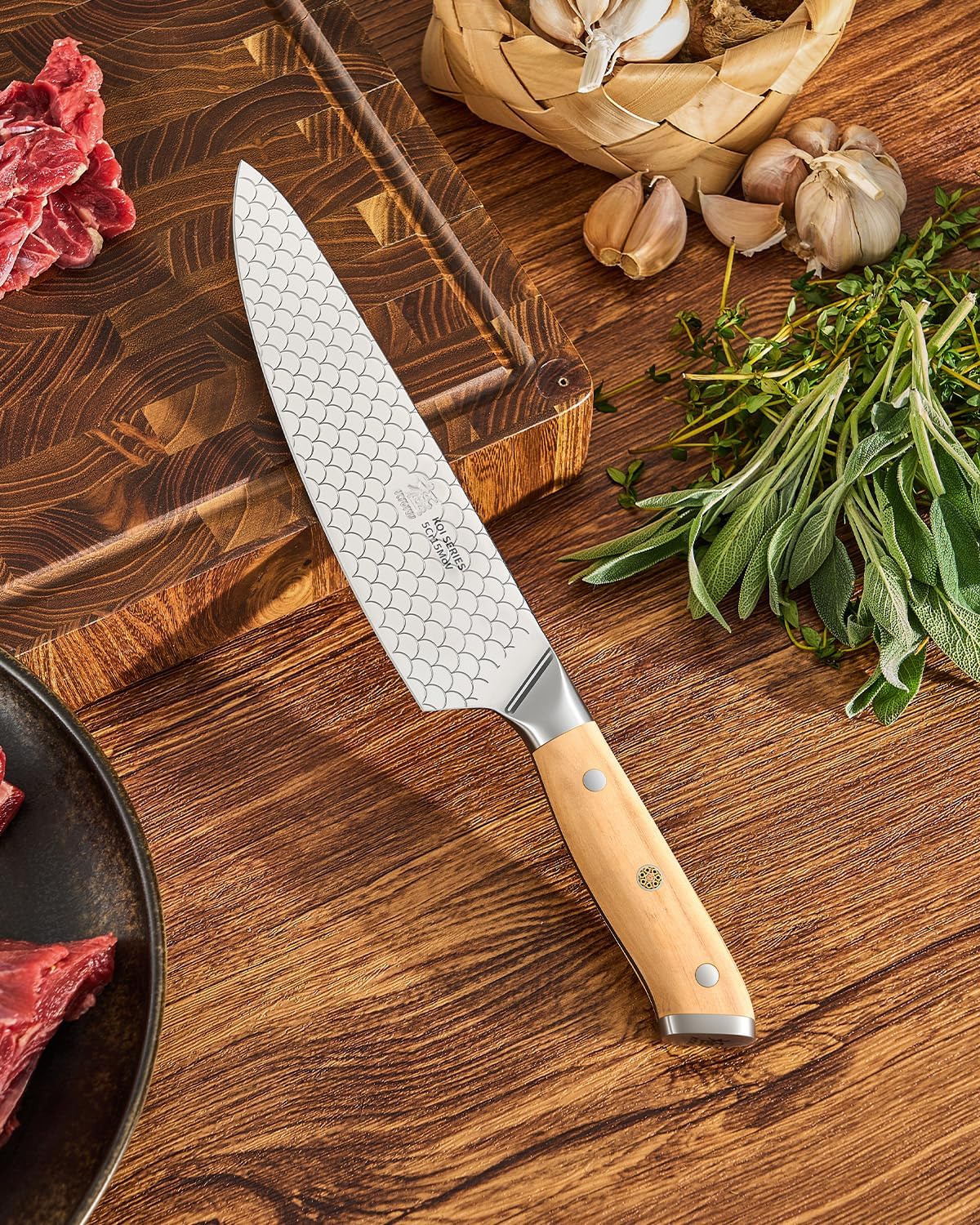 8.5 in. Kiritsuke Knife, Koi Series Japanese Kiritsuke Chef Knife with Olive Wood Handle Koi Scale Pattern, High Carbon Stainless Steel Full Tang, with Protective Sheath & Gift Box