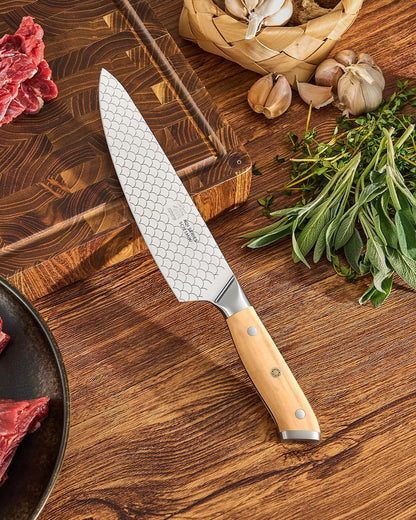 8.5 in. Kiritsuke Knife, Koi Series Japanese Kiritsuke Chef Knife with Olive Wood Handle Koi Scale Pattern, High Carbon Stainless Steel Full Tang, with Protective Sheath & Gift Box