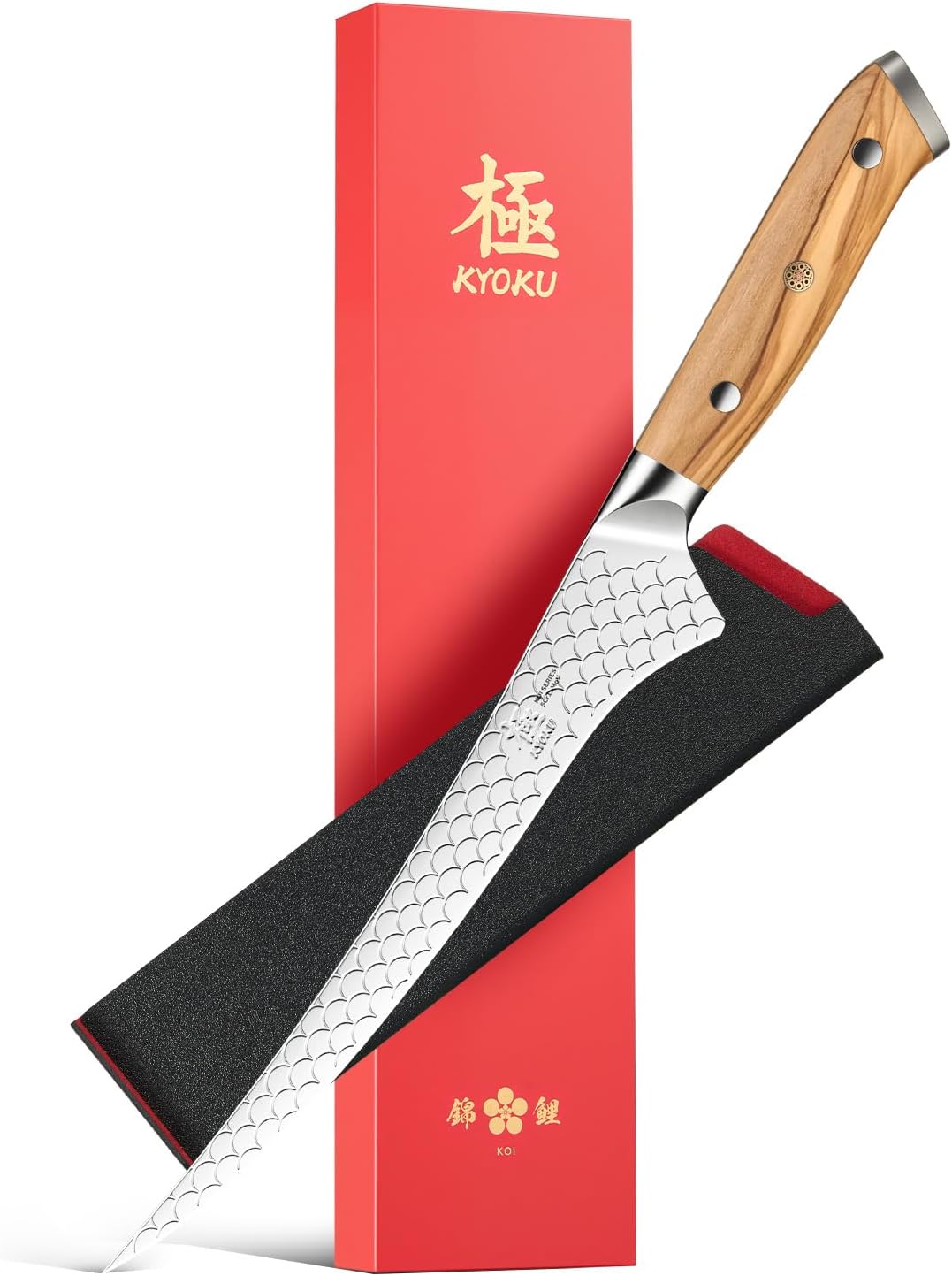 8.5 in. Kiritsuke Knife, Koi Series Japanese Kiritsuke Chef Knife with Olive Wood Handle Koi Scale Pattern, High Carbon Stainless Steel Full Tang, with Protective Sheath & Gift Box