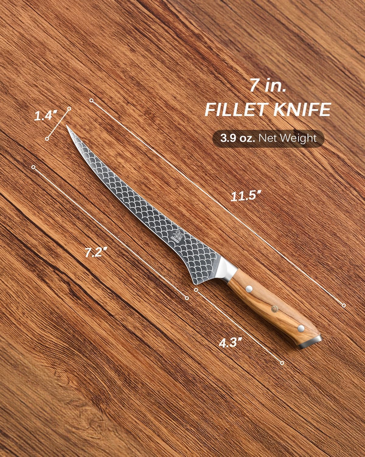 8.5 in. Kiritsuke Knife, Koi Series Japanese Kiritsuke Chef Knife with Olive Wood Handle Koi Scale Pattern, High Carbon Stainless Steel Full Tang, with Protective Sheath & Gift Box
