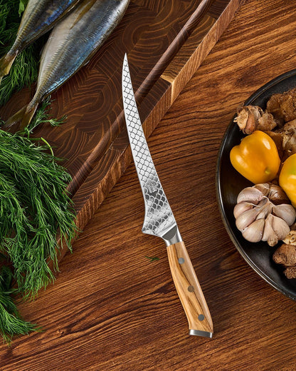 8.5 in. Kiritsuke Knife, Koi Series Japanese Kiritsuke Chef Knife with Olive Wood Handle Koi Scale Pattern, High Carbon Stainless Steel Full Tang, with Protective Sheath & Gift Box