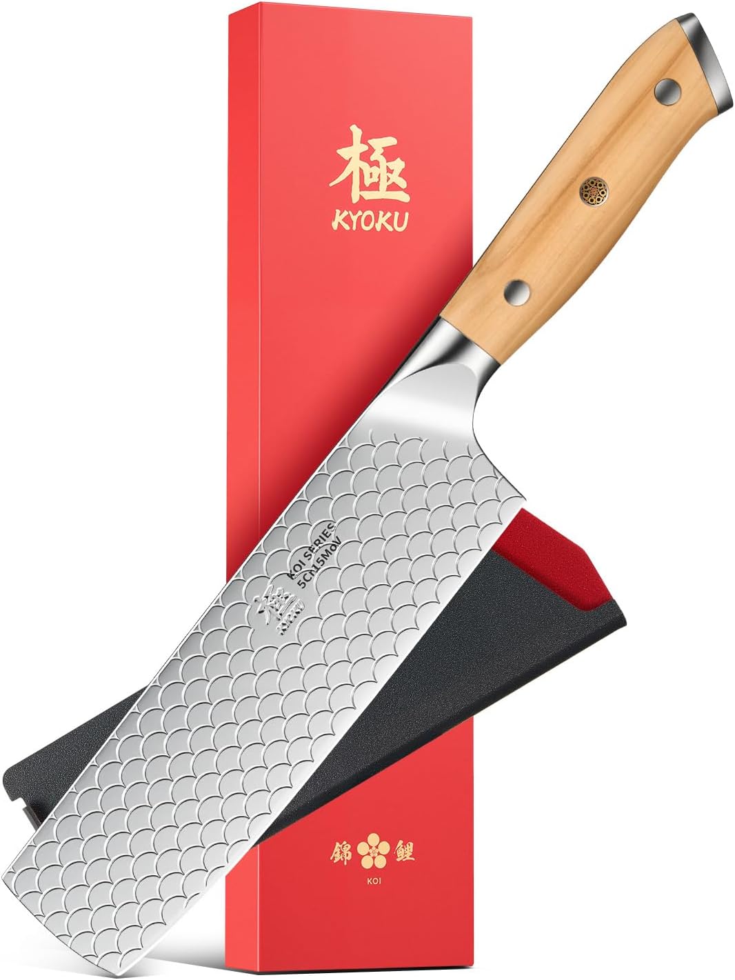 8.5 in. Kiritsuke Knife, Koi Series Japanese Kiritsuke Chef Knife with Olive Wood Handle Koi Scale Pattern, High Carbon Stainless Steel Full Tang, with Protective Sheath & Gift Box