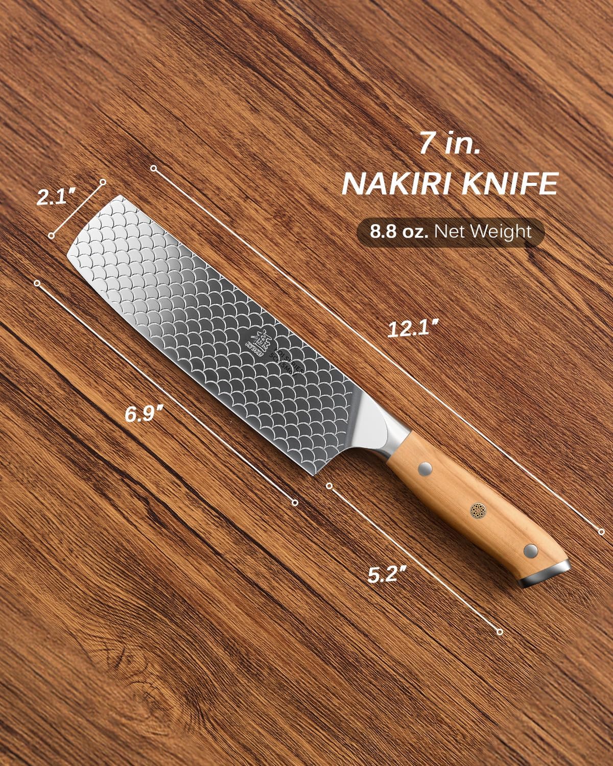 8.5 in. Kiritsuke Knife, Koi Series Japanese Kiritsuke Chef Knife with Olive Wood Handle Koi Scale Pattern, High Carbon Stainless Steel Full Tang, with Protective Sheath & Gift Box