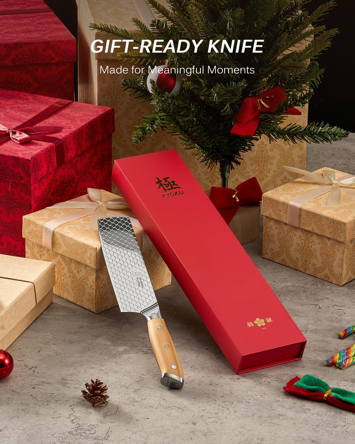8.5 in. Kiritsuke Knife, Koi Series Japanese Kiritsuke Chef Knife with Olive Wood Handle Koi Scale Pattern, High Carbon Stainless Steel Full Tang, with Protective Sheath & Gift Box