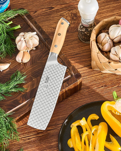 8.5 in. Kiritsuke Knife, Koi Series Japanese Kiritsuke Chef Knife with Olive Wood Handle Koi Scale Pattern, High Carbon Stainless Steel Full Tang, with Protective Sheath & Gift Box